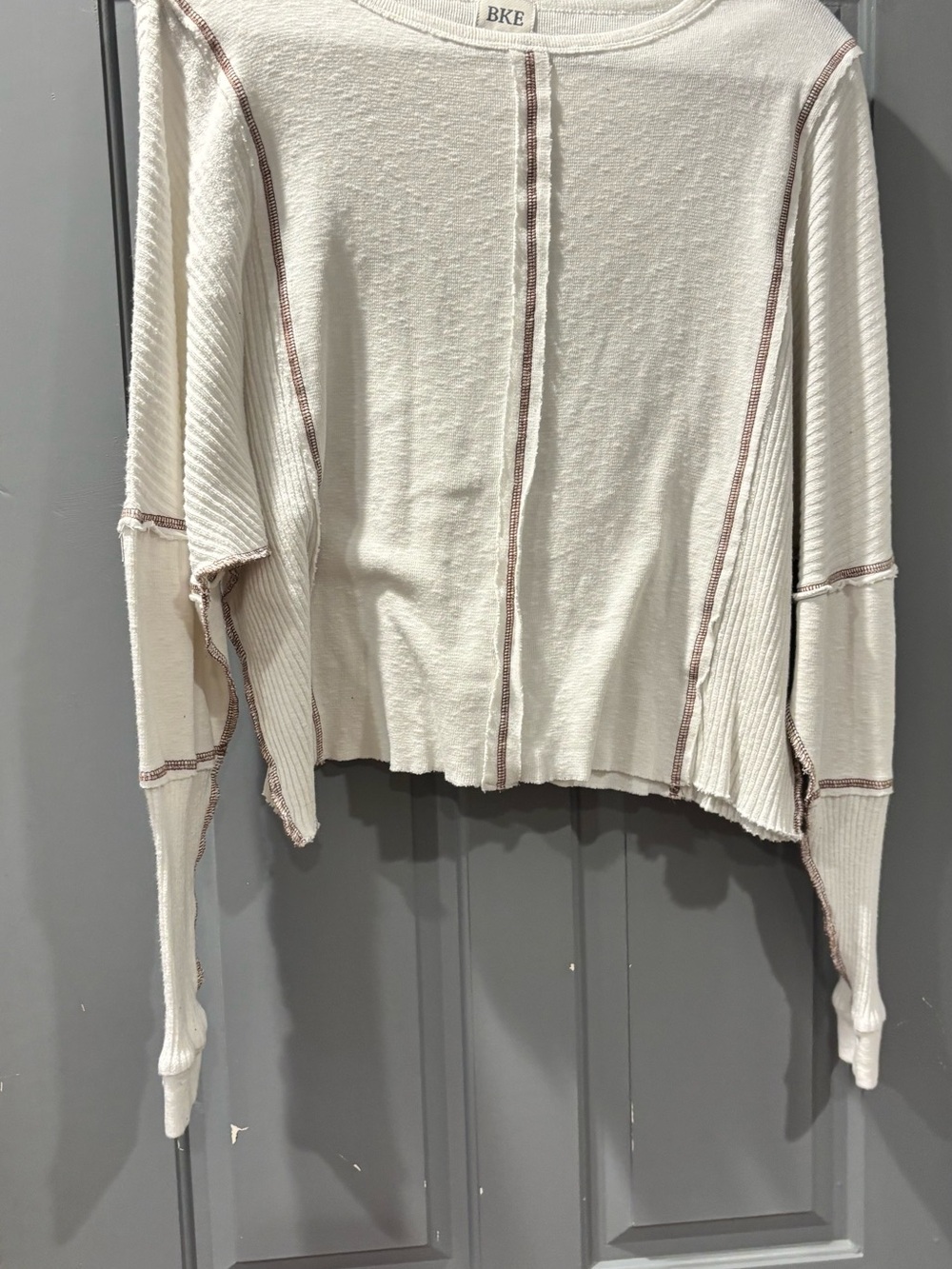 BKE Cream Long Sleeve Boxy Top with Brown Contrast Stitching